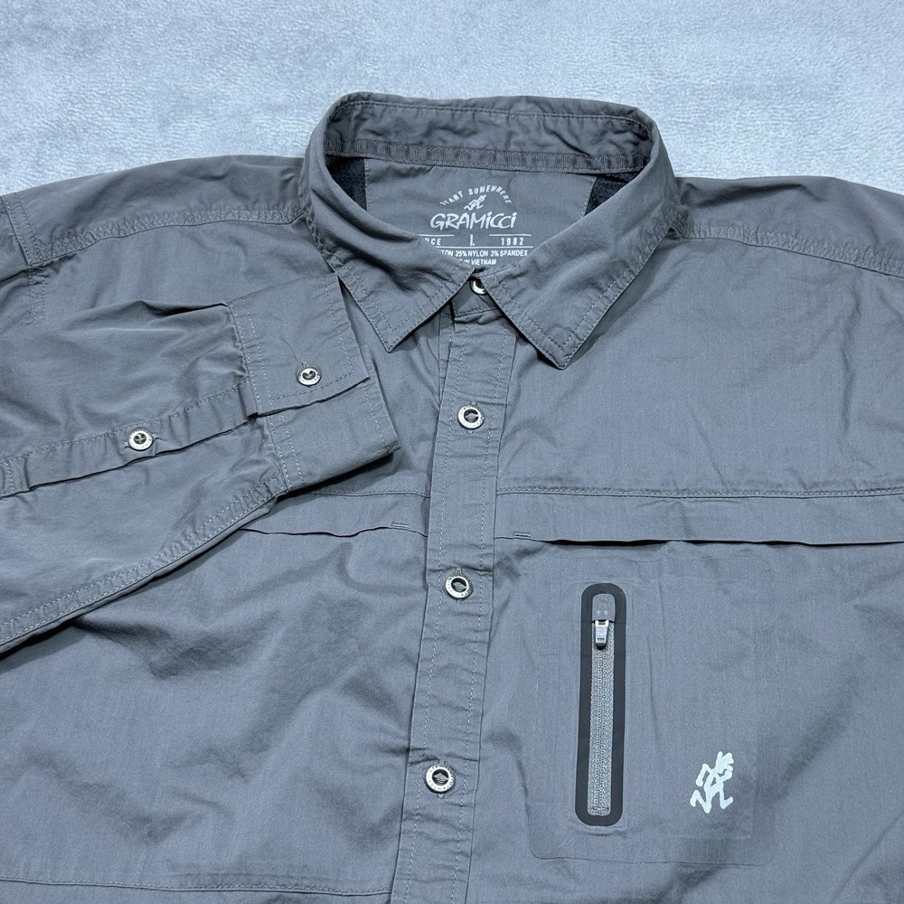 Gramicci Button Shirt Mens L Gray Performance Vented Roll Tab Utility Gorpcore
